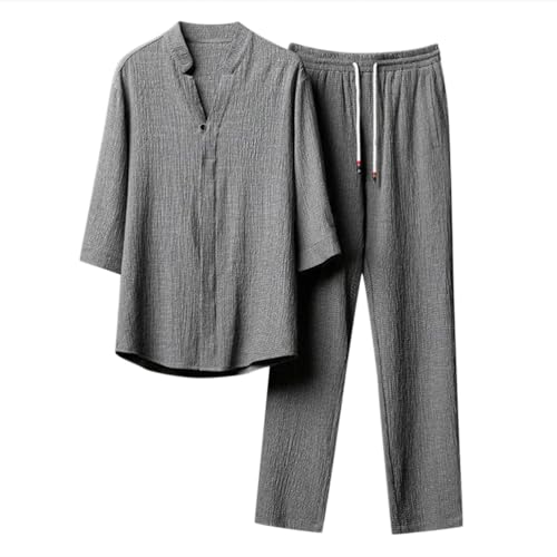 Oanviso Herren Freizeitanzug 2-Teiliges Set Kurzarm/Langarm Shirt + Hose Set Strandanzug Revers Sommer Leinenanzug Einfarbig Baumwolle Leinen Zweiteiler Jogginganzug Leicht für Männer C Grau M von Oanviso