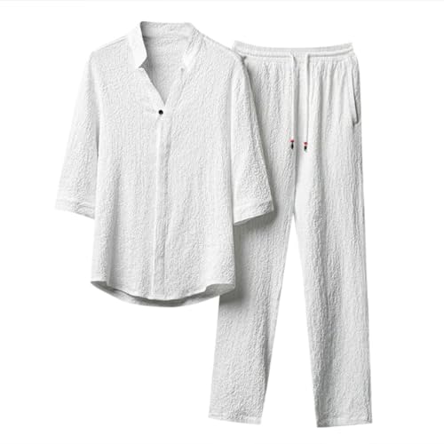 Oanviso Herren Freizeitanzug 2-Teiliges Set Kurzarm/Langarm Shirt + Hose Set Strandanzug Revers Sommer Leinenanzug Einfarbig Baumwolle Leinen Zweiteiler Jogginganzug Leicht für Männer C Weiß XL von Oanviso