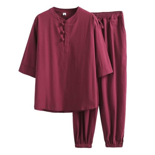 Oanviso Herren Freizeitanzug 2-Teiliges Set Kurzarm/Langarm Shirt + Hose Set Strandanzug Revers Sommer Leinenanzug Einfarbig Baumwolle Leinen Zweiteiler Jogginganzug Leicht für Männer D Grau 3XL von Oanviso