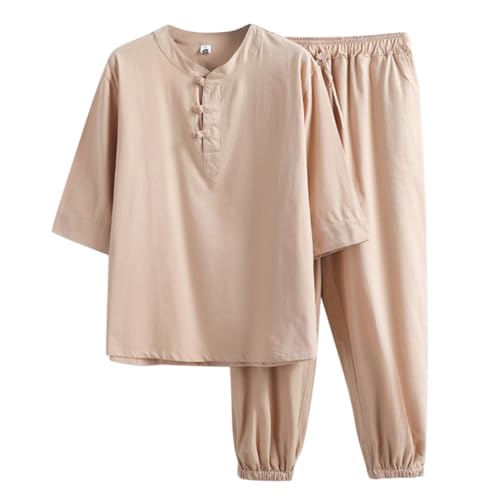 Oanviso Herren Freizeitanzug 2-Teiliges Set Kurzarm/Langarm Shirt + Hose Set Strandanzug Revers Sommer Leinenanzug Einfarbig Baumwolle Leinen Zweiteiler Jogginganzug Leicht für Männer D Grau M von Oanviso