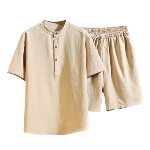 Oanviso Herren Freizeitanzug 2-Teiliges Set Kurzarm/Langarm Shirt + Hose Set Strandanzug Revers Sommer Leinenanzug Einfarbig Baumwolle Leinen Zweiteiler Jogginganzug Leicht für Männer D Grau XL von Oanviso
