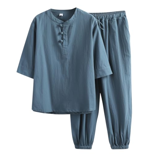Oanviso Herren Freizeitanzug 2-Teiliges Set Kurzarm/Langarm Shirt + Hose Set Strandanzug Revers Sommer Leinenanzug Einfarbig Baumwolle Leinen Zweiteiler Jogginganzug Leicht für Männer D Grün L von Oanviso