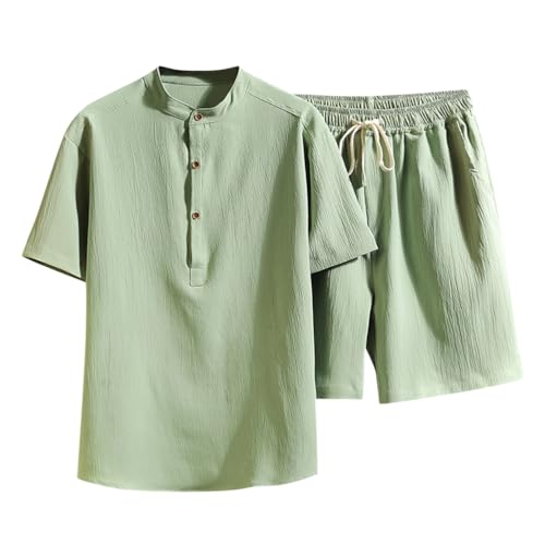 Oanviso Herren Freizeitanzug 2-Teiliges Set Kurzarm/Langarm Shirt + Hose Set Strandanzug Revers Sommer Leinenanzug Einfarbig Baumwolle Leinen Zweiteiler Jogginganzug Leicht für Männer D Grün L von Oanviso