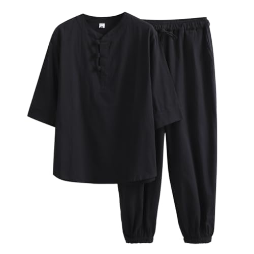 Oanviso Herren Freizeitanzug 2-Teiliges Set Kurzarm/Langarm Shirt + Hose Set Strandanzug Revers Sommer Leinenanzug Einfarbig Baumwolle Leinen Zweiteiler Jogginganzug Leicht für Männer D Schwarz 3XL von Oanviso