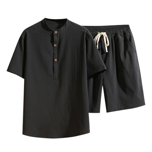 Oanviso Herren Freizeitanzug 2-Teiliges Set Kurzarm/Langarm Shirt + Hose Set Strandanzug Revers Sommer Leinenanzug Einfarbig Baumwolle Leinen Zweiteiler Jogginganzug Leicht für Männer D Schwarz M von Oanviso