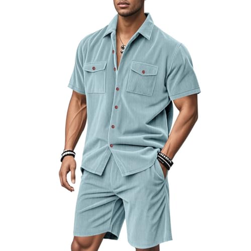 Oanviso Herren Freizeitanzug 2 Teiliges Sommer Sportanzug Outfit Kurzarm Arbeitshemd Cargo Hemd T-Shirts + Sporthosen Set Outdooranzug Männer Shorts Freizeithose A Hellblau XXL Oanviso Herren Freizeitanzug 2 Teiliges Sommer Sportanzug Outfit Kurzarm Arbeitshemd Cargo Hemd T-Shirts + Sporthosen Set Outdooranzug Männer Shorts Freizeithose A Hellblau XXL von Oanviso