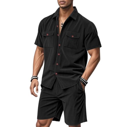 Oanviso Herren Freizeitanzug 2 Teiliges Sommer Sportanzug Outfit Kurzarm Arbeitshemd Cargo Hemd T-Shirts + Sporthosen Set Outdooranzug Männer Shorts Freizeithose A Schwarz L von Oanviso