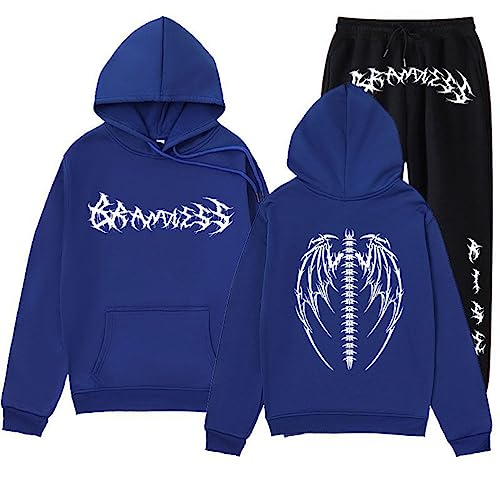 Oanviso Herren Freizeitanzug Bedruckte Sportanzug Zweiteiler Große Größe Jogginganzug Loose Y2K Kapuzenpullover + Sporthose Männer Trainingsanzüge Workout Outfit B Blau L von Oanviso