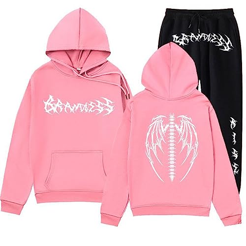 Oanviso Herren Freizeitanzug Bedruckte Sportanzug Zweiteiler Große Größe Jogginganzug Loose Y2K Kapuzenpullover + Sporthose Männer Trainingsanzüge Workout Outfit B Rosa M von Oanviso