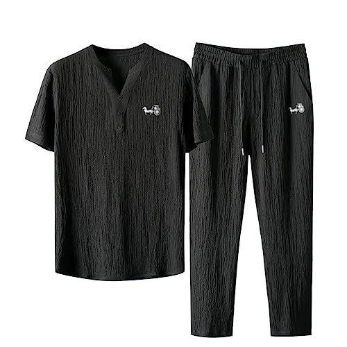 Oanviso Herren Freizeitanzug Kurzarm 2-Teiliges Set T-Shirt V-Ausschnitt + Hose Stickerei Strandanzug Baumwolle Leinen Zweiteiler Leicht Jogginganzug Sommer Leinenanzug für Männer A Schwarz M von Oanviso