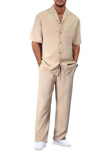 Oanviso Herren Freizeitanzug Sommer Zweiteiler Set Hemd und Lange Hose Casual Chic Outfit Sportlich Schick Moderner Jogginganzug Sportanzug Dünn Freizeit Hosenanzug Leicht Sommeranzug Aprikose XXL von Oanviso