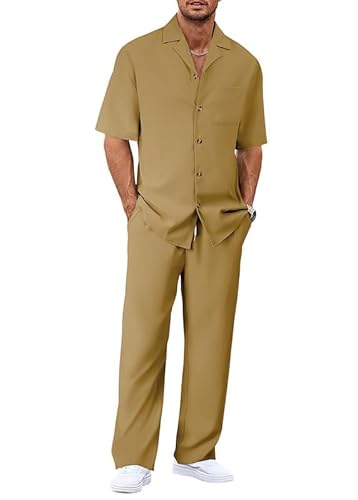 Oanviso Herren Freizeitanzug Sommer Zweiteiler Set Hemd und Lange Hose Casual Chic Outfit Sportlich Schick Moderner Jogginganzug Sportanzug Dünn Freizeit Hosenanzug Leicht Sommeranzug Khaki XXL von Oanviso