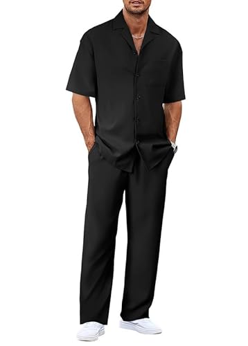 Oanviso Herren Freizeitanzug Sommer Zweiteiler Set Hemd und Lange Hose Casual Chic Outfit Sportlich Schick Moderner Jogginganzug Sportanzug Dünn Freizeit Hosenanzug Leicht Sommeranzug Schwarz XS von Oanviso