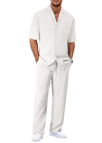 Oanviso Herren Freizeitanzug Sommer Zweiteiler Set Hemd und Lange Hose Casual Chic Outfit Sportlich Schick Moderner Jogginganzug Sportanzug Dünn Freizeit Hosenanzug Leicht Sommeranzug Weiß XXL von Oanviso