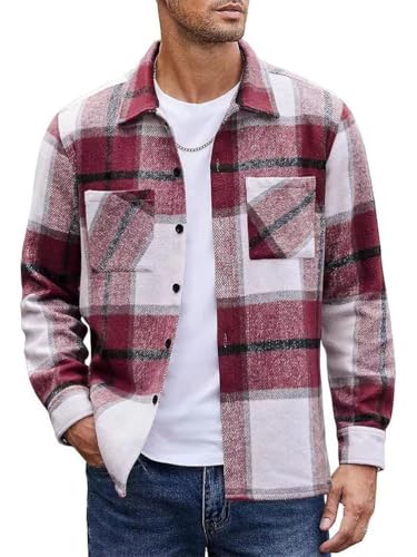 Oanviso Herren Freizeithemden Langarm Flanellhemd Kariert Hemden mit Brusttasche Button Down Sweatjacke Slim Fit Hemdjacke Winter Übergangsjacke Große Größe A Rot XL von Oanviso