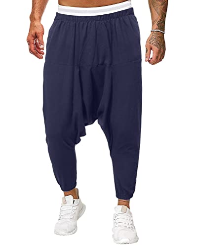 Oanviso Herren Haremshose Aladinhose Sporthose Streetwear Pants mit Taschen Elastische Taillen Strand Hosen Elastisch Hosenfuß Hippie-Hose Einfarbig Baggy Freizeit Herrenhose A Marineblau XL von Oanviso