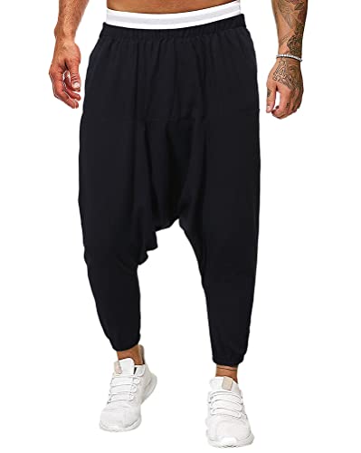 Oanviso Herren Haremshose Aladinhose Sporthose Streetwear Pants mit Taschen Elastische Taillen Strand Hosen Elastisch Hosenfuß Hippie-Hose Einfarbig Baggy Freizeit Herrenhose A Schwarz M von Oanviso