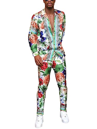 Oanviso Herren Hawaii-Outfits Gedruckten Mustern Sets Langärmliges Revershemd und Hose 2-Teiliges Frühling Sommer Trainingsanzug Hawaii Strand Anzüge Jogginganzug Casual Outfit A01 3XL von Oanviso