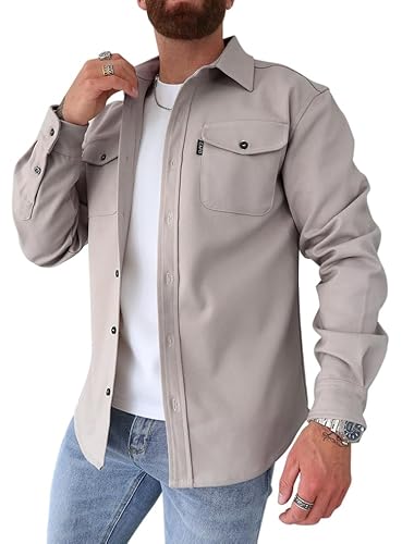 Oanviso Herren Hemdjacke Einfarbig Hemden Button Down Langarm Freizeitjacke Slim Fit Hemd mit Taschen Dickes Hemd Jacke Herbst Modisches Herrenhemd Casual A Aprikose M von Oanviso