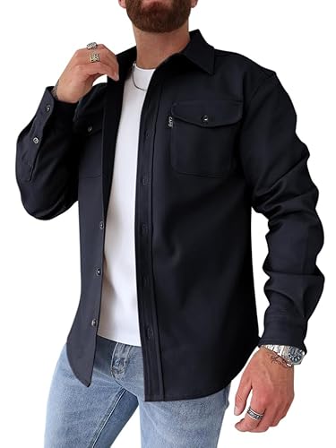 Oanviso Herren Hemdjacke Einfarbig Hemden Button Down Langarm Freizeitjacke Slim Fit Hemd mit Taschen Dickes Hemd Jacke Herbst Modisches Herrenhemd Casual A Dunkelblau M von Oanviso