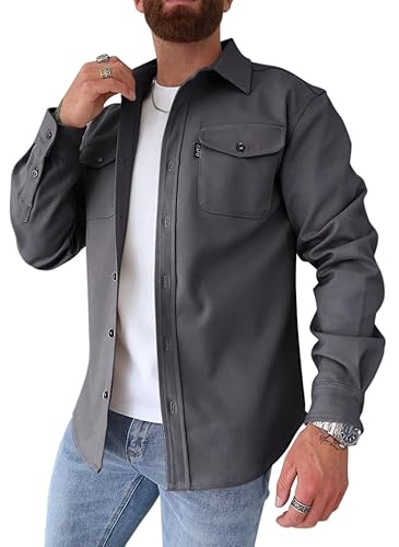 Oanviso Herren Hemdjacke Einfarbig Hemden Button Down Langarm Freizeitjacke Slim Fit Hemd mit Taschen Dickes Hemd Jacke Herbst Modisches Herrenhemd Casual A Dunkelgrau M von Oanviso