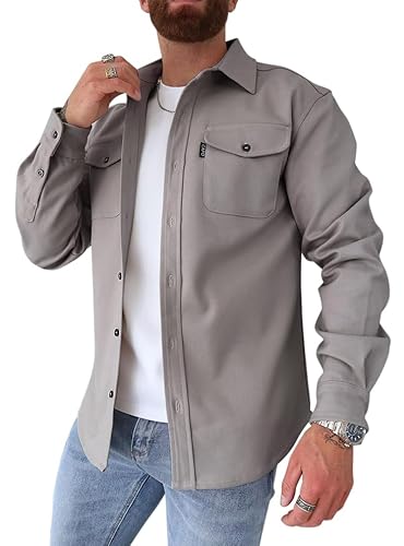 Oanviso Herren Hemdjacke Einfarbig Hemden Button Down Langarm Freizeitjacke Slim Fit Hemd mit Taschen Dickes Hemd Jacke Herbst Modisches Herrenhemd Casual A Grau XS von Oanviso