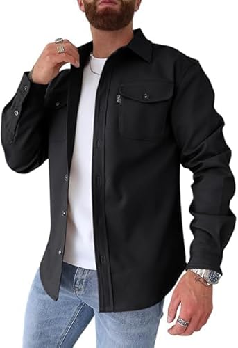 Oanviso Herren Hemdjacke Einfarbig Hemden Button Down Langarm Freizeitjacke Slim Fit Hemd mit Taschen Dickes Hemd Jacke Herbst Modisches Herrenhemd Casual A Shwarz M von Oanviso