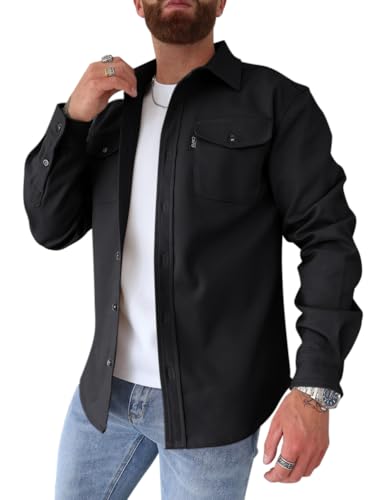 Oanviso Herren Hemdjacke Einfarbig Hemden Button Down Langarm Freizeitjacke Slim Fit Hemd mit Taschen Dickes Hemd Jacke Herbst Modisches Herrenhemd Casual A Shwarz XXL von Oanviso