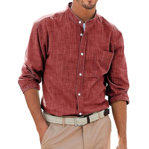 Oanviso Herren Henley-Shirt Button Down Henley Hemd Baumwolle Einfarbig Hemden Langarm Freizeithemd Slim Fit Hemd Vintage Herrenhemd Business Klassisch Hemden mit Stehkragen A Rosarot XL von Oanviso