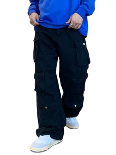 Oanviso Herren Hip Hop Hose Cargohosen Mode Rap Style Straight Elastischer Hose Loose Fit Baggy Hosen Y2k Streetwear Hosen Coole Teenager Jungen Hose Oversized B Schwarz M von Oanviso