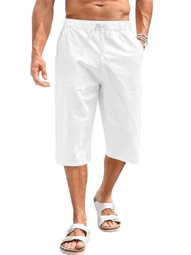 Oanviso Herren Hose 3/4 Leinenhosen Loose Fit Strandhose Casual Shorts Einfarbig Jogginghose Haremshose Baggy Capri Hose Sommerhose für Männer Große Größe A Weiß XL von Oanviso