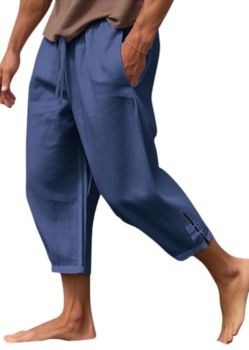 Oanviso Herren Hose 3/4 Leinenhosen Loose Fit Strandhose Casual Shorts Einfarbig Jogginghose Haremshose Baggy Capri Hose Sommerhose für Männer Große Größe B Blau M von Oanviso