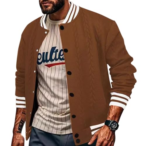 Oanviso Herren Jacke Baseball Mode Retro-Stil College Jacke Baseballjacke Button Down Sportjacke Sweatjacke Urban Stehkragen Streetwear Mantel Herbst Jacket Jacquardgewebe Strickjacken A Braun XL von Oanviso