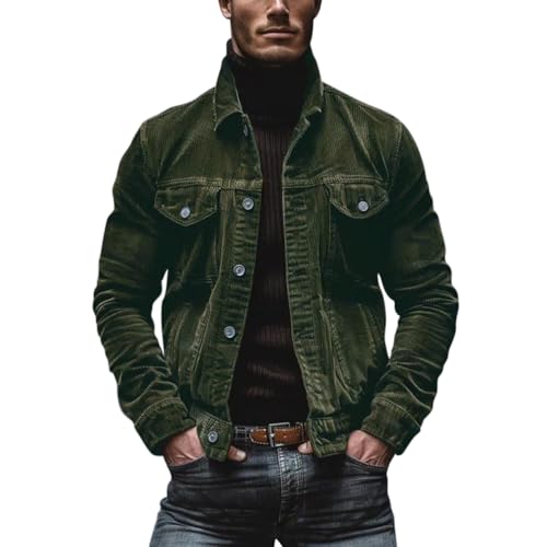 Oanviso Herren Jacke Corduroy Lange Ärmel Cordjacke Vintage mit Revers Jacken Herbst Freizeitjacke Regular Fit Button-Up Cargo Mantel Männer Übergangsjacke A Grün L von Oanviso