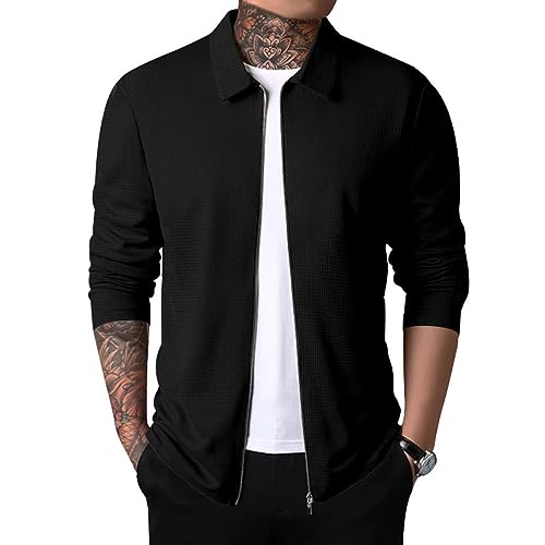 Oanviso Herren Jacke Sweater Pullover Dünne Oberteile Sweatjacke mit Reißverschluss Einfarbig Winterjacke Langarm Männer Cardigan Mantel Oversized für Herbst A Schwarz L von Oanviso