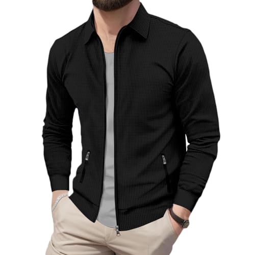 Oanviso Herren Jacke Sweater Pullover Dünne Oberteile Sweatjacke mit Reißverschluss Einfarbig Winterjacke Langarm Männer Cardigan Mantel Oversized für Herbst B Schwarz L von Oanviso