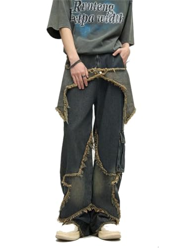 Oanviso Herren Jeans Biker Y2k Hose Loose Fit Lang Jeans Denim Hose Mode Männer Zerrissen Baggy Jeans Denim Cargohosen Bedruckte Hose Streethose Jeanshosen A3 Dunkelblau XXL von Oanviso