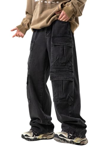 Oanviso Herren Jeans Biker Y2k Hose Loose Fit Lang Jeans Denim Hose Mode Männer Zerrissen Baggy Jeans Denim Cargohosen Teenager Lässig Streethose Jeanshosen H Schwarz L von Oanviso