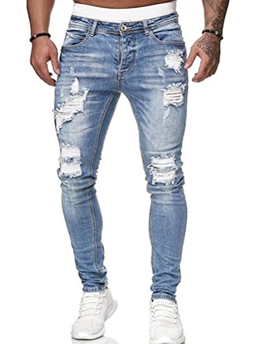 Oanviso Herren Jeans Hose Slim Fit Denim Lange Destroyed Jeanshose für Männer Hip Hop Hose Coole Jungen Mode Stretch Freizeithose Schwarze Cargo Chino Hose Frühling A Hellblau M von Oanviso