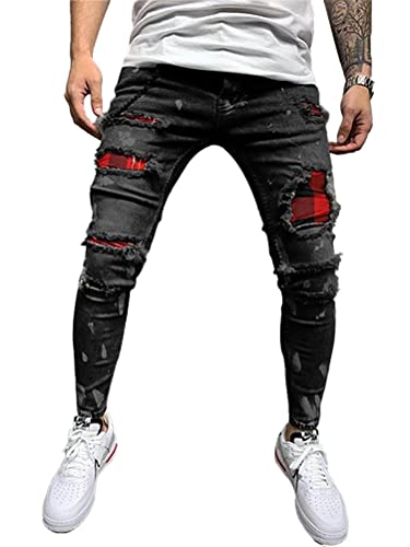 Oanviso Herren Jeans Hose Slim Fit Denim Lange Destroyed Jeanshose für Männer Hip Hop Hose Coole Jungen Mode Stretch Freizeithose Schwarze Cargo Chino Hose Frühling B Schwarz 3XL von Oanviso