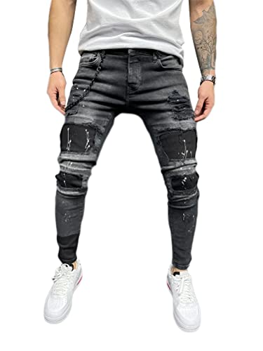 Oanviso Herren Jeans Hose Slim Fit Denim Lange Destroyed Jeanshose für Männer Hip Hop Hose Coole Jungen Mode Stretch Freizeithose Schwarze Cargo Chino Hose Frühling B1 Schwarz XL von Oanviso