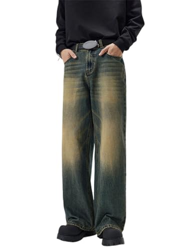 Oanviso Herren Jeanshose Basic Baggy Jeans Y2k Stretch Denim Coole Loose Fit Jeanshosen Oversized Mode Hip Hop Cargo Jean für Teenager Freizeithose Streetwear B Gelb Blau L von Oanviso