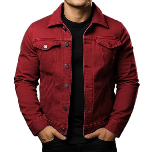 Oanviso Herren Jeansjacke Casual Übergangsjacke Mit Knöpfen Stehkragen Denim Outdoorjacke Slim Fit Jeans Mode Bikerjacke Lässige Outwear Baggy Arbeitsjacke A Rot M von Oanviso