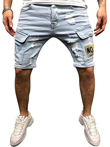 Oanviso Herren Jeansshorts Slim Fit Jeans Short Denim Shorts Sommer Kurze Hosen Destroyed Freizeit Bermuda Shorts mit Taschen Tearing Jeans Streetwear Abzeichen Mode B Hellblau XL von Oanviso