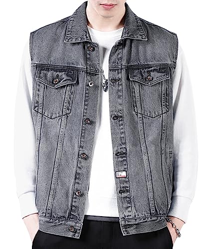 Oanviso Herren Jeansweste Denim Weste Ärmellose Jeansjacke Freizeit Jeans Weste Mode Vest mit Taschen Jeansmantel Denim Streetwear Klassisch Herren-Westen Outdoor Westen Übergröße Männer C Grau 3XL von Oanviso