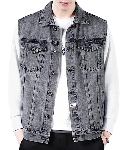 Oanviso Herren Jeansweste Denim Weste Ärmellose Jeansjacke Freizeit Jeans Weste Mode Vest mit Taschen Jeansmantel Denim Streetwear Klassisch Herren-Westen Outdoor Westen Übergröße Männer C Grau XS von Oanviso
