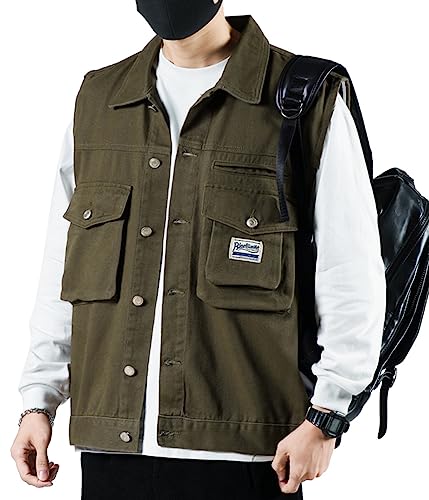 Oanviso Herren Jeansweste Denim Weste Ärmellose Jeansjacke Freizeit Jeans Weste Mode Vest mit Taschen Jeansmantel Denim Streetwear Klassisch Herren-Westen Outdoor Westen Übergröße Männer D Grün 3XL von Oanviso