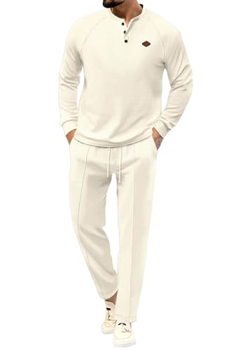 Oanviso Herren Jogginganzug Waffelmuster 2 Teilig Trainingsanzug Hausanzug Freizeitanzug Winter Waffel Jogginghose Und Pullover Freizeit Sportanzug Activewear Set Sportliche Outfits Khaki XS von Oanviso
