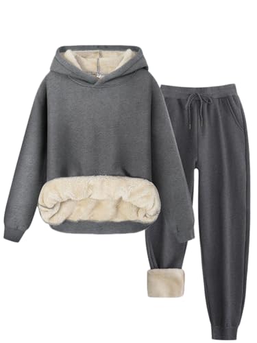 Oanviso Herren Jogginganzug Warm Winter Fitnessanzug Fleece Zweiteiler Outfit Plüsch Fitnessanzug mit Taschen Outdoor Set Laufbekleidung Kapuzenpullover Sporthose A Dunkelgrau L von Oanviso