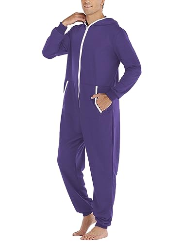 Oanviso Herren Jumpsuit mit Kapuze Schlafanzug mit Taschen Pyjama One-Piece Loungewear Onesie Homewear Sweatshirt Mit Reißverschluss Jumpsuit Langarm Einteiler Nachtwäsche Hooded A Lila 3XL von Oanviso